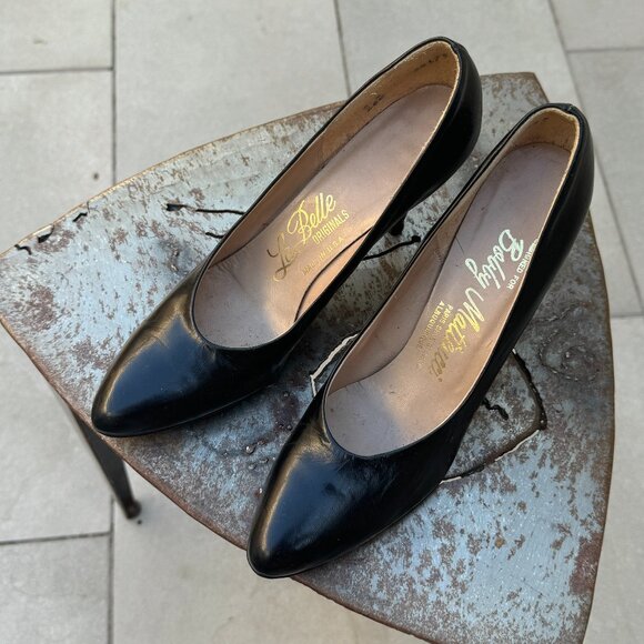 70s Black Leather High Heel Pumps La Belle Originals for Bobby Matteucci Size 6 - Picture 1 of 6
